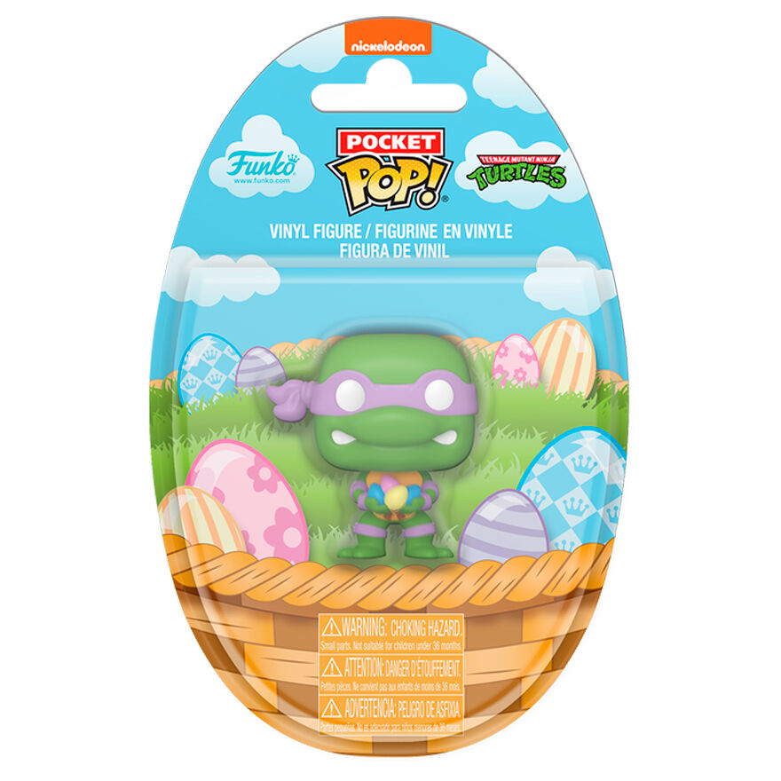Vue rapprochée de la figurine Funko Donatello Ninja Turtles Pocket POP, montrant les détails colorés et le design œuf de Pâques
