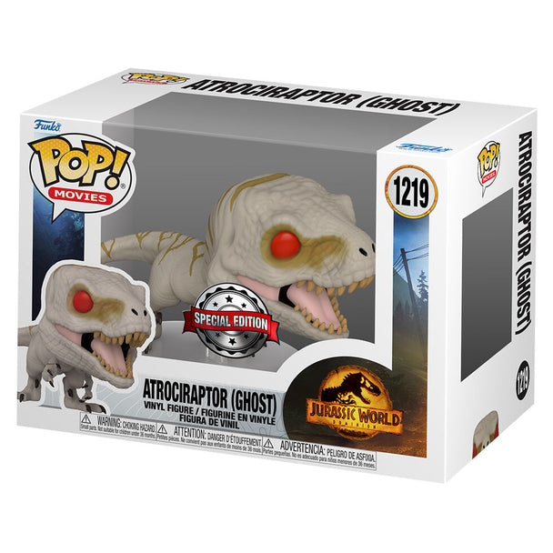 Figurine Funko POP Atrociraptor Ghost exclusive de Jurassic World en vinyle, vue de face dans sa boîte cadeau
