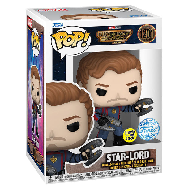 Figurine Funko POP Star-Lord exclusive Marvel Gardiens de la Galaxie en vinyle, vue de face dans sa boîte cadeau