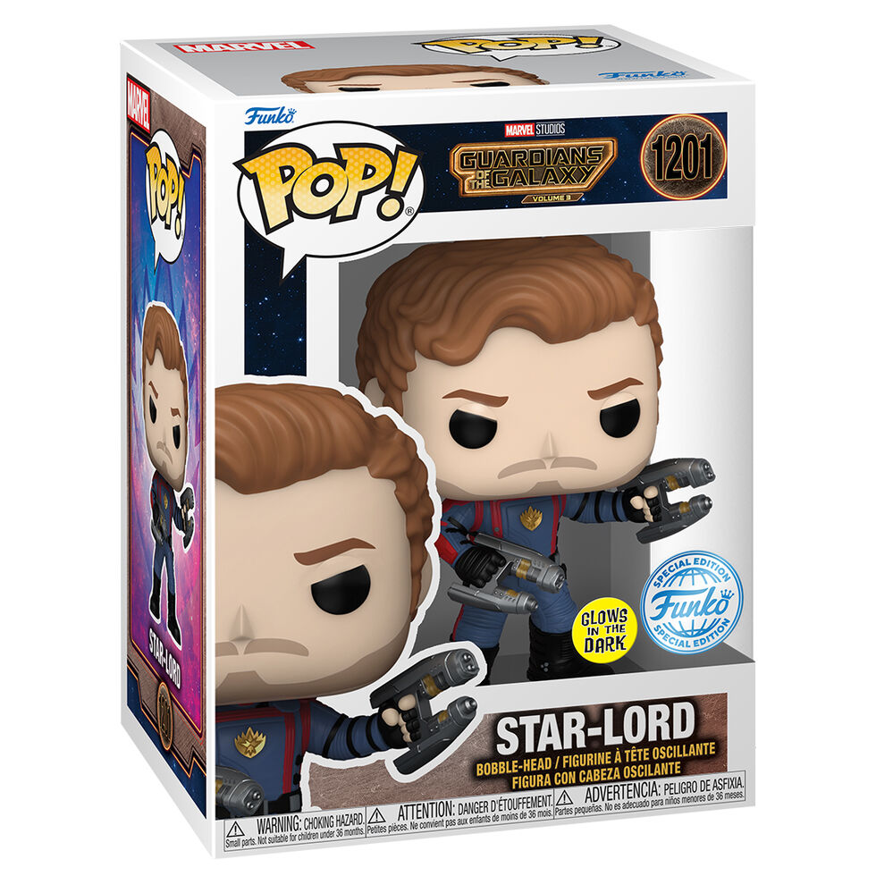 Figurine Funko POP Star-Lord exclusive Marvel Gardiens de la Galaxie en vinyle, vue de face dans sa boîte cadeau