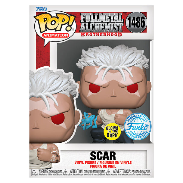 Figurine Funko POP Scar exclusive de Fullmetal Alchemist Brotherhood en vinyle, hauteur 9 cm, présentée dans sa boîte cadeau.