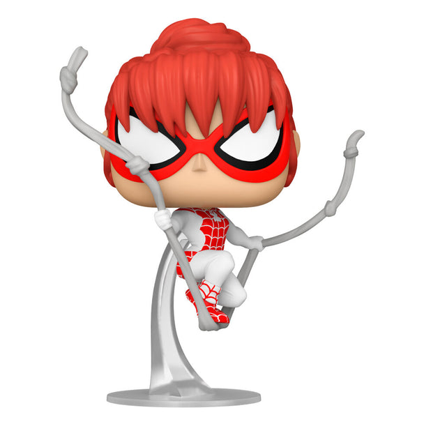 Vue rapprochée de la figurine Funko POP Spider-Man Spinneret exclusive montrant les détails précis du vinyle