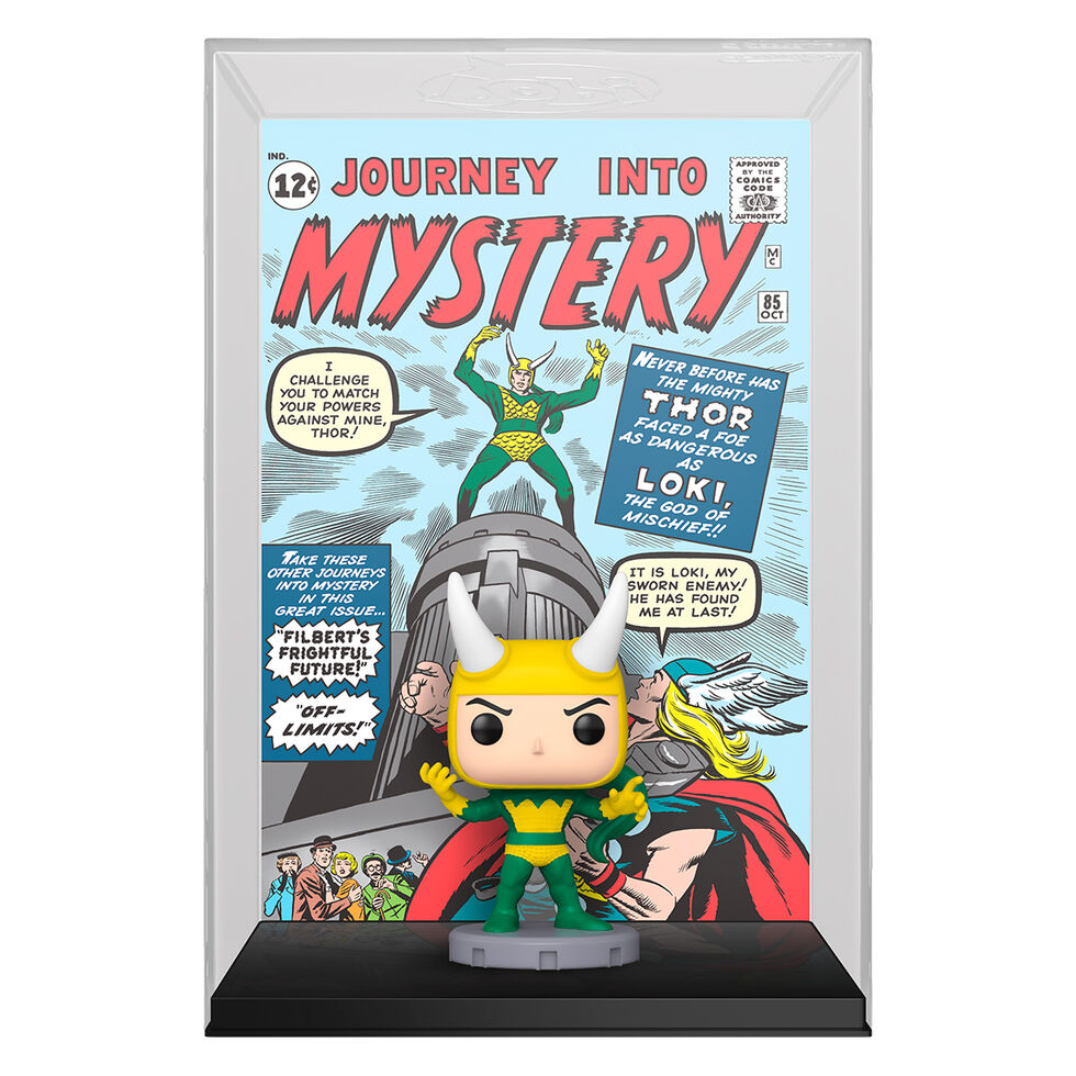 Figurine Funko POP Marvel Loki Comic Cover présentée sous un angle latéral montrant les détails de la cape et du casque
