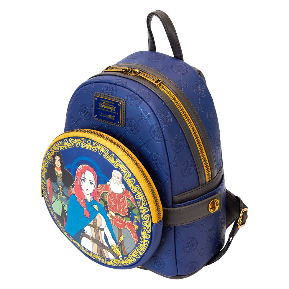 Fermeture zippée dorée avec logo Loungefly sur le sac à dos LOTR