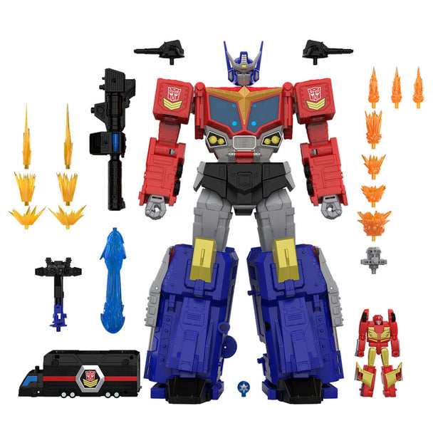 Optimus Prime transformé en camion rouge et bleu, vue latérale montrant les détails du véhicule