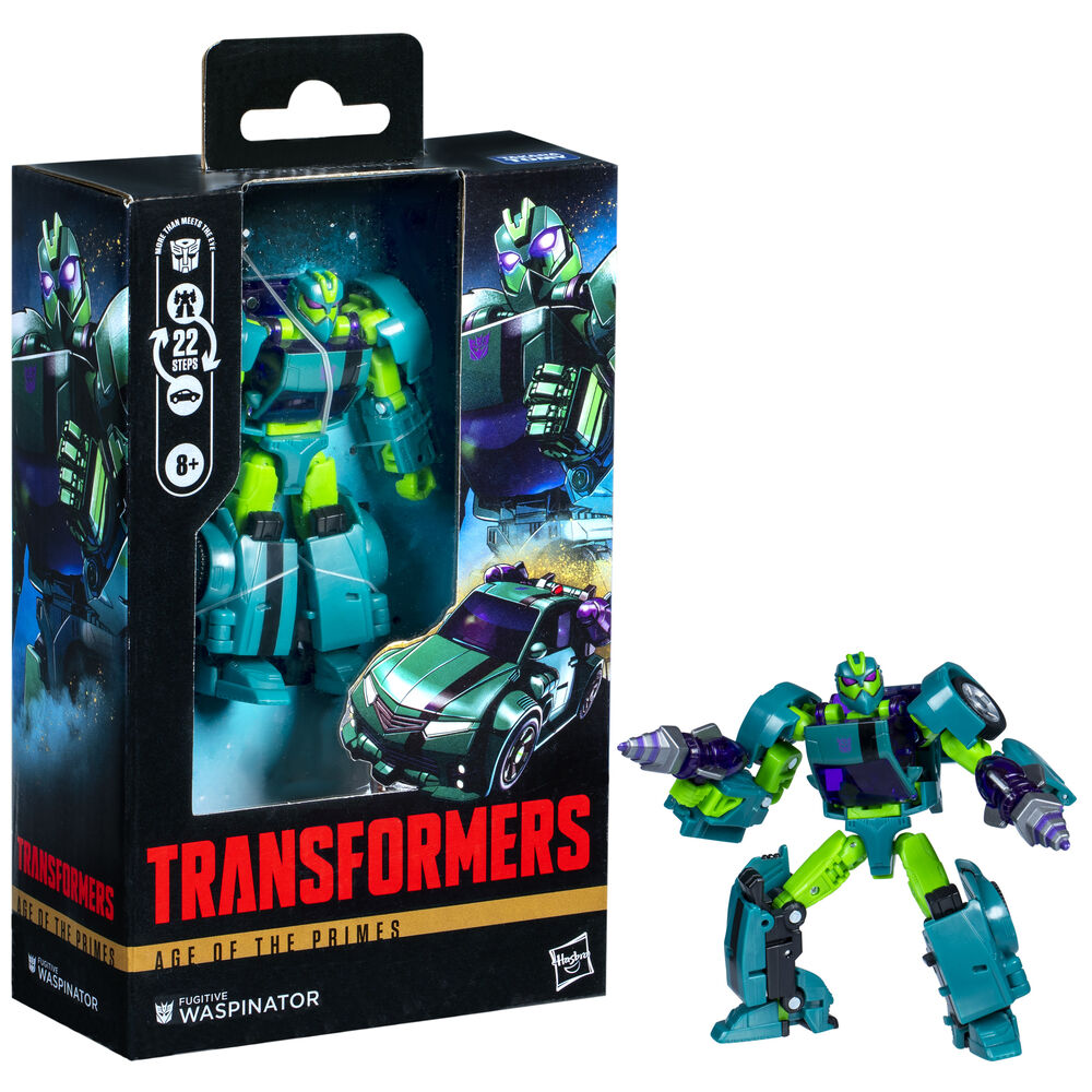 Figurine Waspinator en mode voiture de sport, couleurs métalliques et design fidèle à la série Age of the Primes.