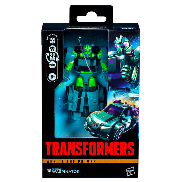 Figurine Waspinator Transformers Age of the Primes vue de face en mode robot, détails précis et couleurs vives.