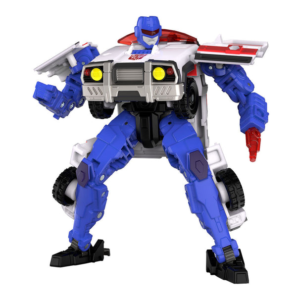Transformers Red Alert en mode véhicule tout-terrain rouge, prêt à l'action sur fond blanc