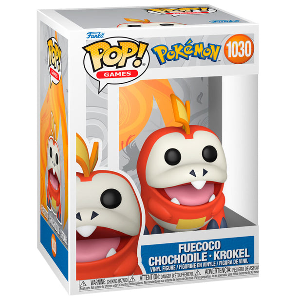 Vue rapprochée de la figurine Funko POP Pokémon Fuecoco Chochodile Krokel montrant les détails du design en vinyle.