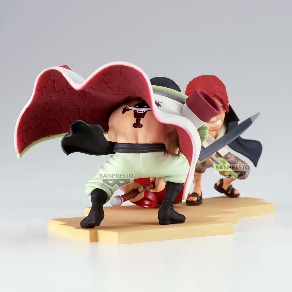 Vue d'ensemble des deux figurines Edward Newgate et Shanks côte à côte, prêtes pour l'affrontement