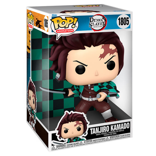 Vue rapprochée de la figurine Funko POP Tanjiro Kamado Demon Slayer, mettant en valeur les traits du visage et les accessoires du personnage.
