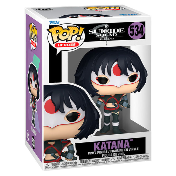 Détail de la figurine Funko POP Katana Suicide Squad montrant les couleurs et accessoires caractéristiques du personnage.
