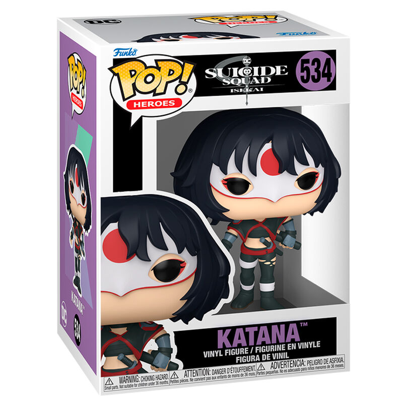 Détail de la figurine Funko POP Katana Suicide Squad montrant les couleurs et accessoires caractéristiques du personnage.