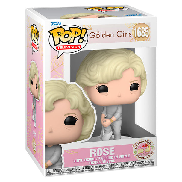Vue rapprochée de la figurine Funko POP Rose, personnage de The Golden Girls, avec détails soignés et couleurs vives