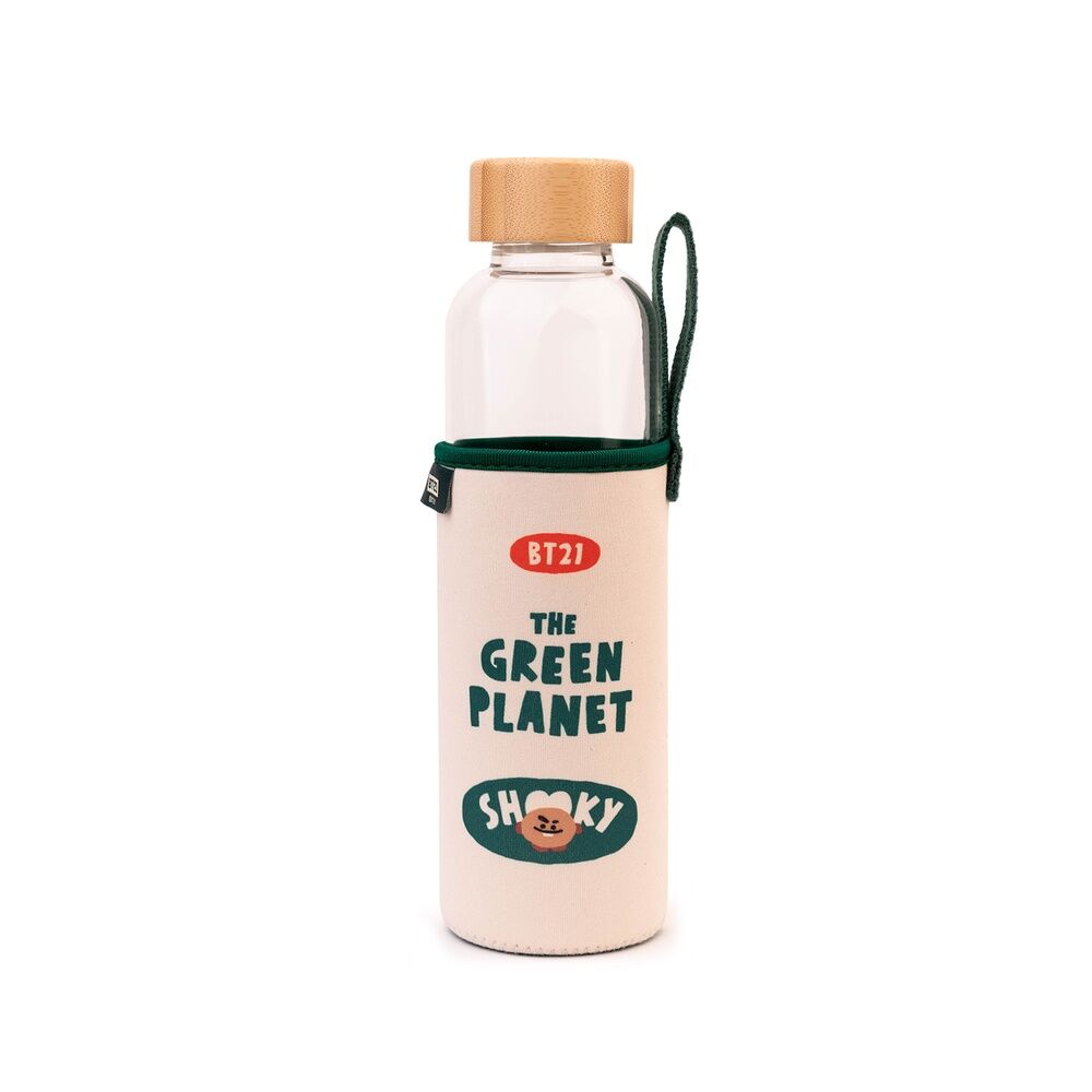 Bouteille en verre BT21 Shooky 500ml avec bouchon en bambou sur fond blanc