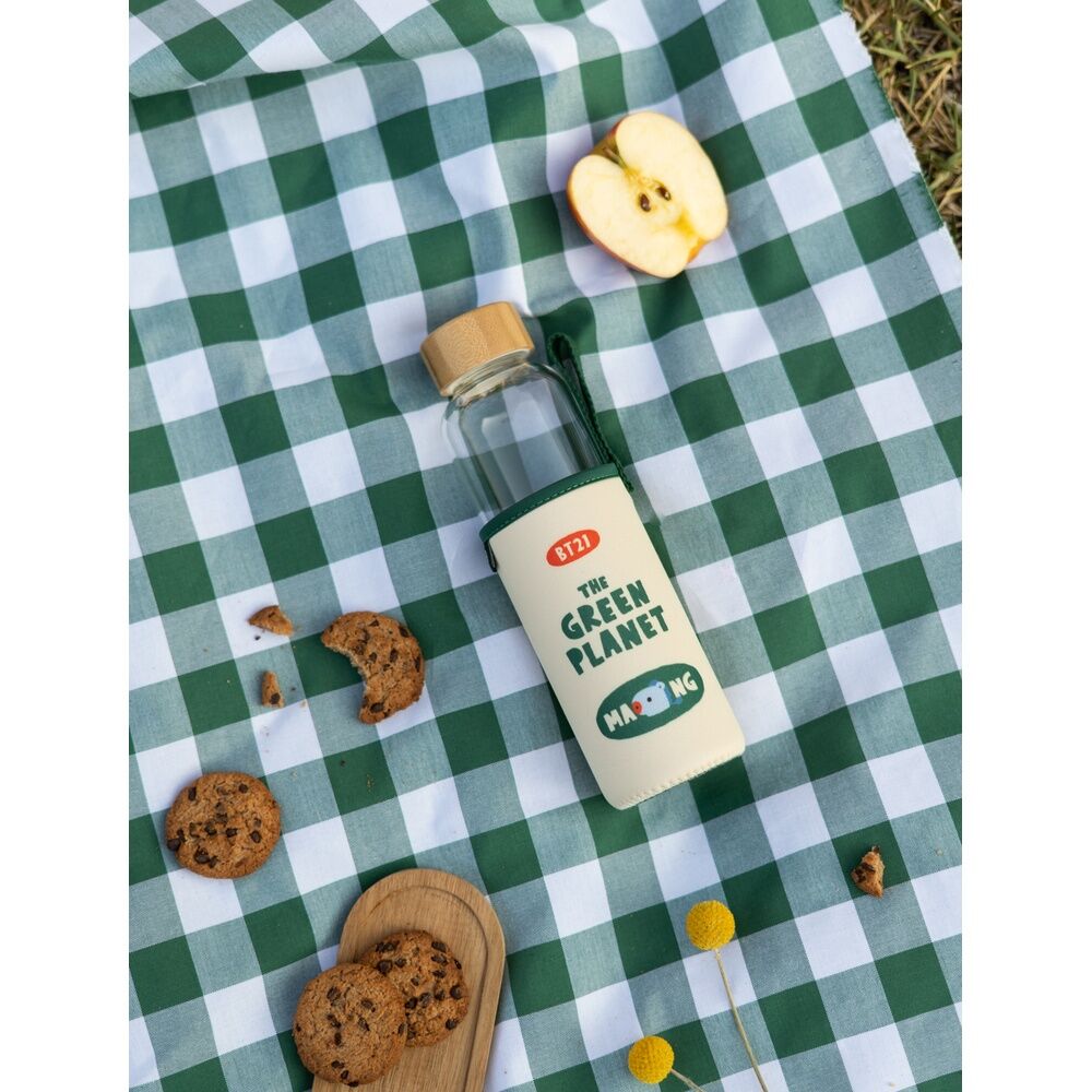 Ensemble complet : gourde BT21 Mang, bouchon bambou et housse néoprène illustrée avec design coloré