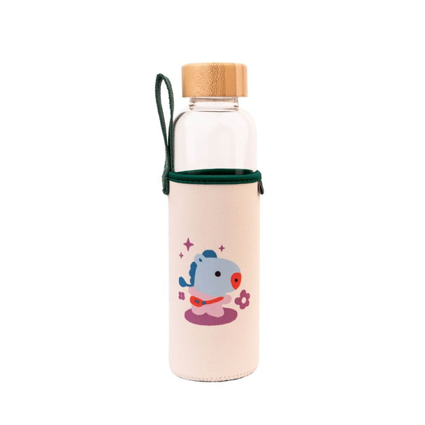 Zoom sur le bouchon en bambou naturel de la gourde BT21 Mang avec texture visible