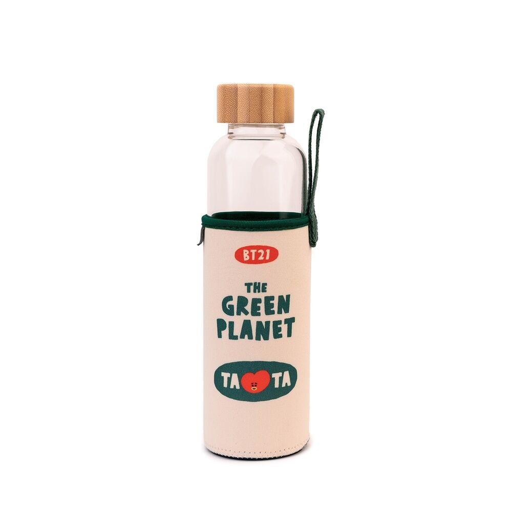 Bouteille en verre BT21 Tata 500ml avec bouchon en bambou vue de face sur fond blanc