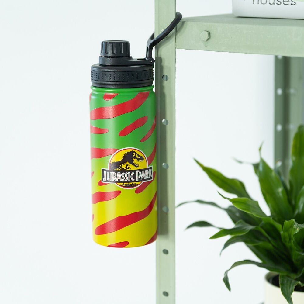 Détail du logo Jurassic Park imprimé sur la gourde acier inoxydable