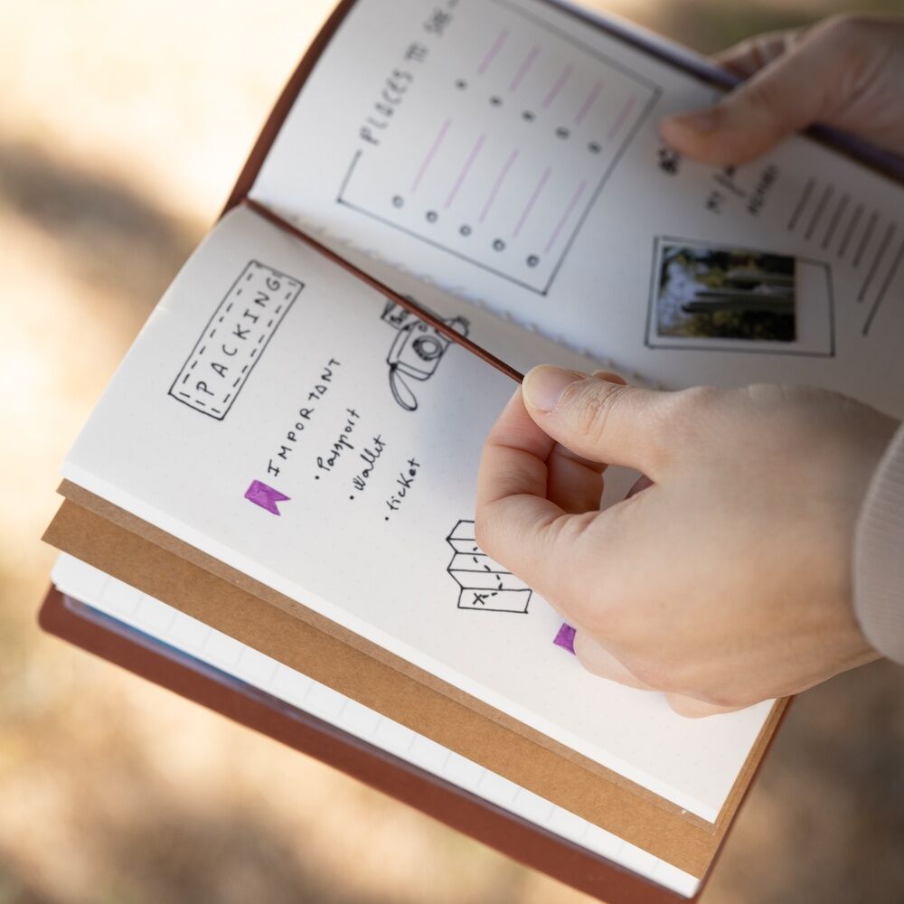 Détail des pages lignées pour une écriture organisée dans le carnet de voyage