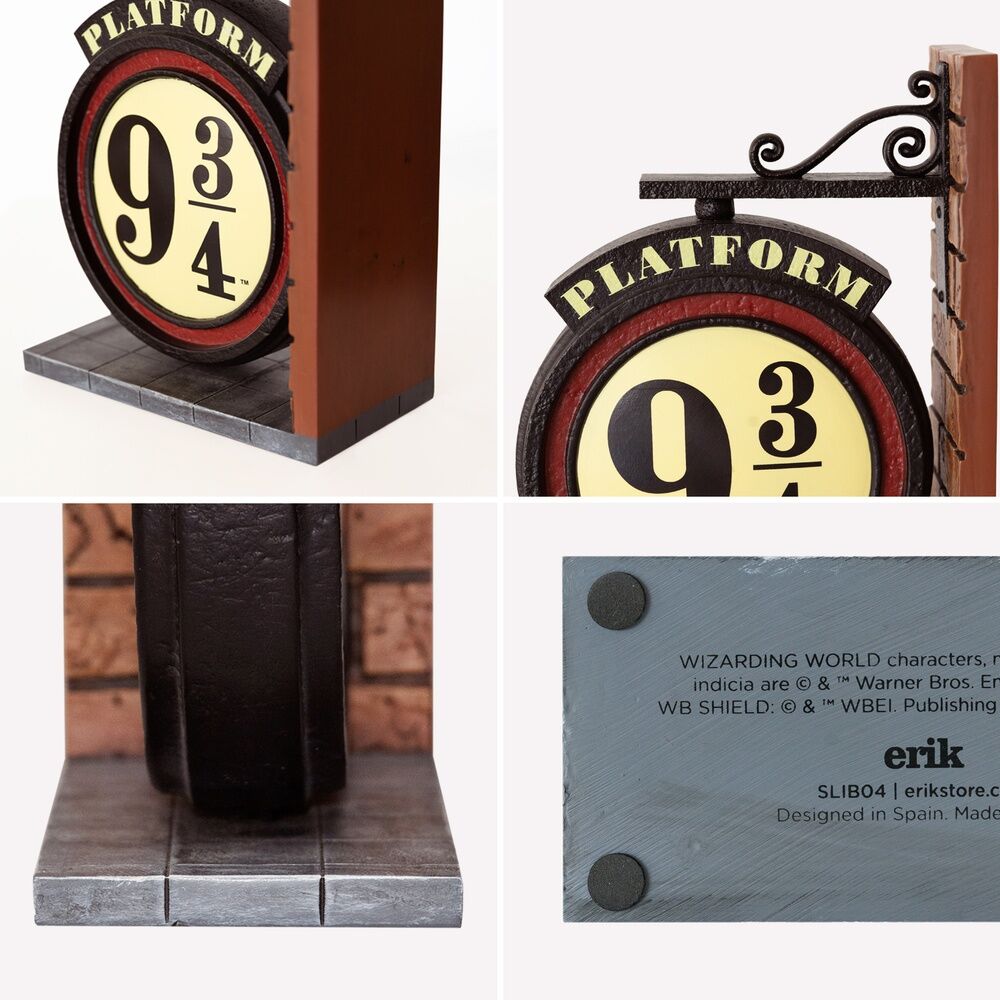 Serre-livres Harry Potter Platform 9 3/4 placé sur une étagère avec livres pour illustration.