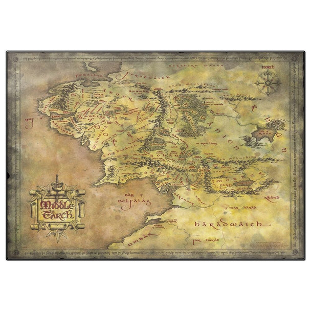 Tapis de bureau ERIK avec carte détaillée du Seigneur des Anneaux, dimensions 34,5x49,5 cm, surface laminée protectrice.
