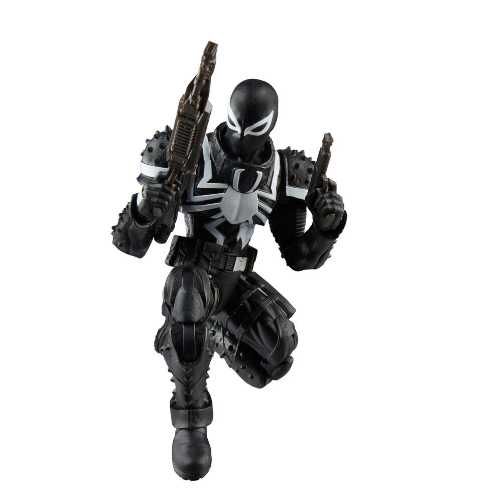 Figurine Marvel Agent Venom debout sur fond blanc, accessoires visibles