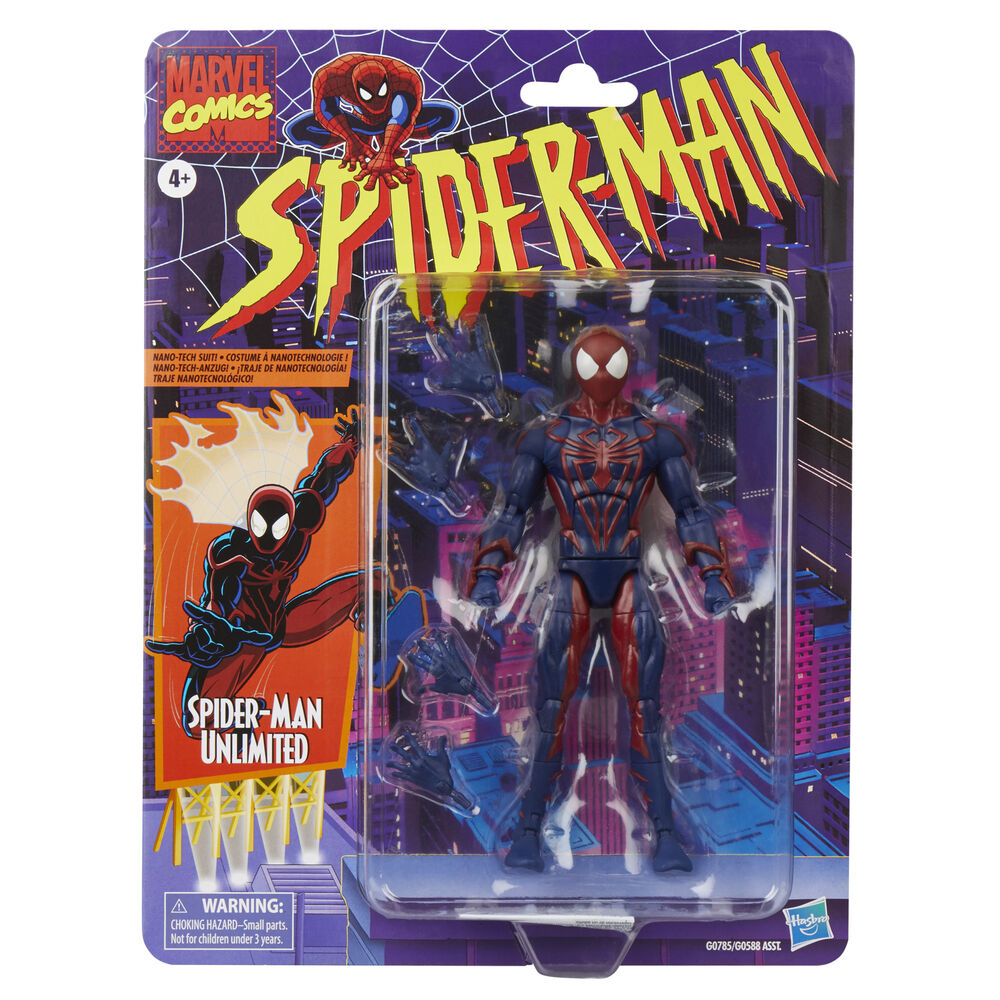 Figurine Spider-Man posée avec ses accessoires inclus sur fond blanc