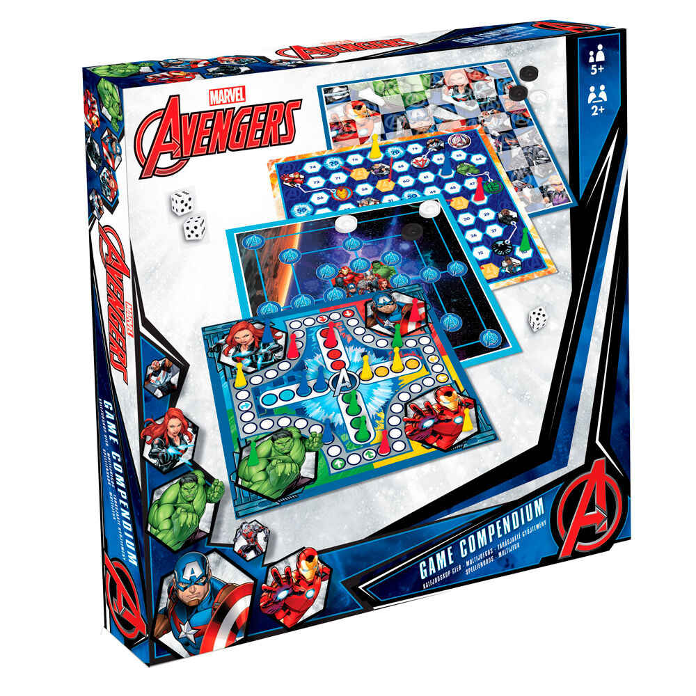 Boîte du set de 4 jeux de société Marvel Avengers par FOURNIER avec illustrations colorées des héros