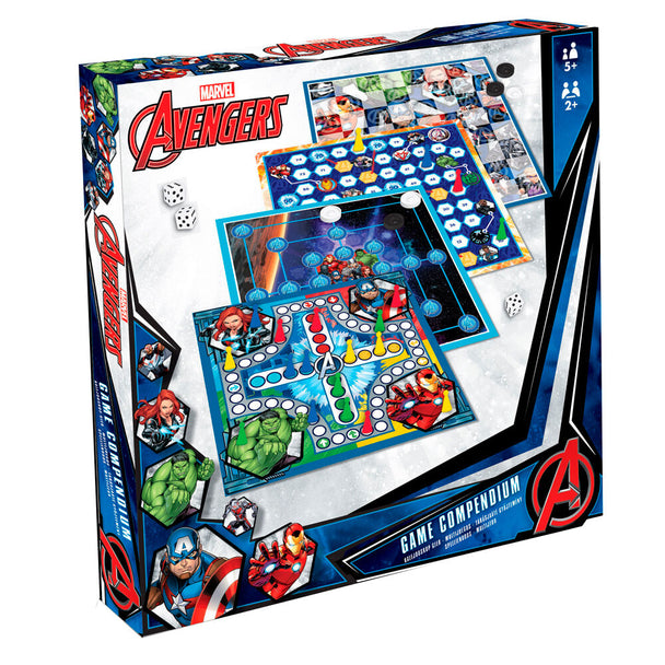 Boîte du set de 4 jeux de société Marvel Avengers par FOURNIER avec illustrations colorées des héros