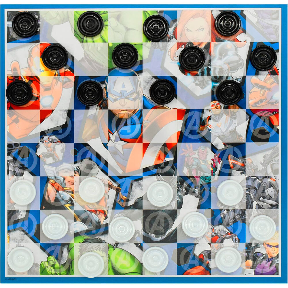 Planche du jeu de dames décorée avec des motifs Marvel Avengers pour enfants