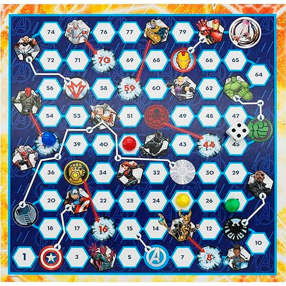 Plateau du jeu du moulin aux couleurs des Avengers avec pions en place
