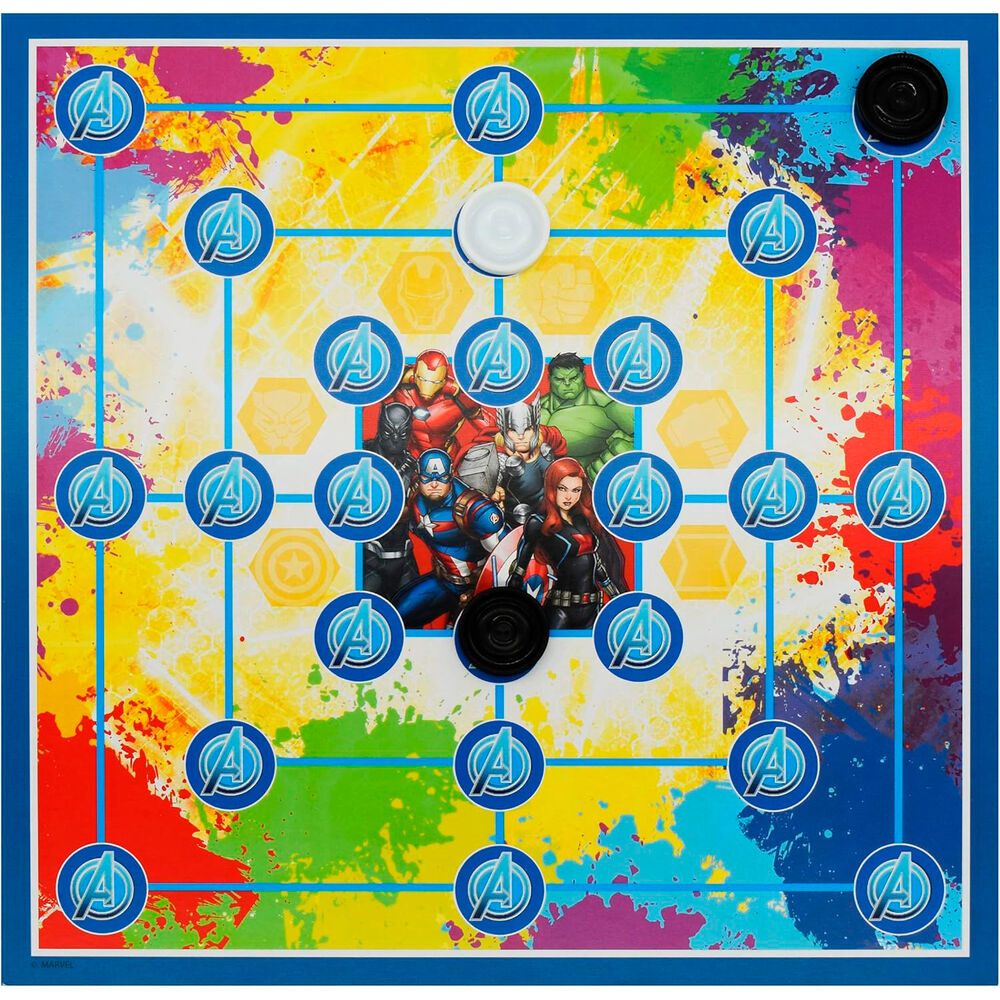 Jeu de l'échelle Marvel Avengers avec dés et pions sur un plateau illustré