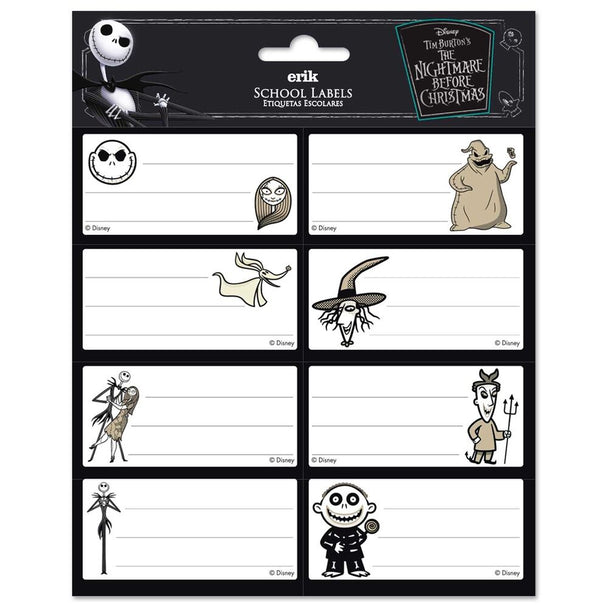Lot de 16 étiquettes adhésives Disney L'Étrange Noël de Monsieur Jack, format 8x4 cm, avec illustrations colorées du film.