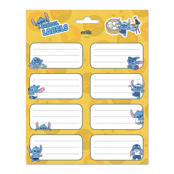 Plan rapproché d'une étiquette adhésive Disney Stitch colorée de 8x4 cm sur fond blanc