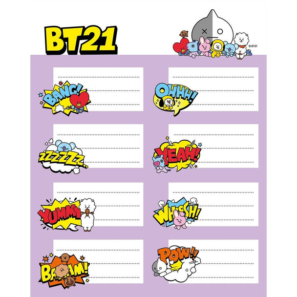 Lot de 16 étiquettes adhésives BT21 de taille 8x4cm avec design coloré sur fond blanc