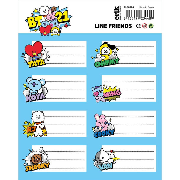 Vue rapprochée d'une étiquette BT21 adhésive posée sur une surface lisse montrant les détails du design