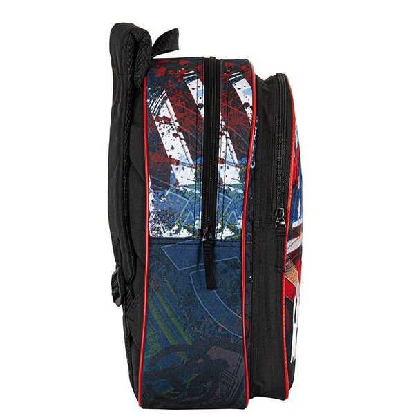 Vue latérale du sac à dos Marvel Captain America montrant la poche en mesh pour bouteille