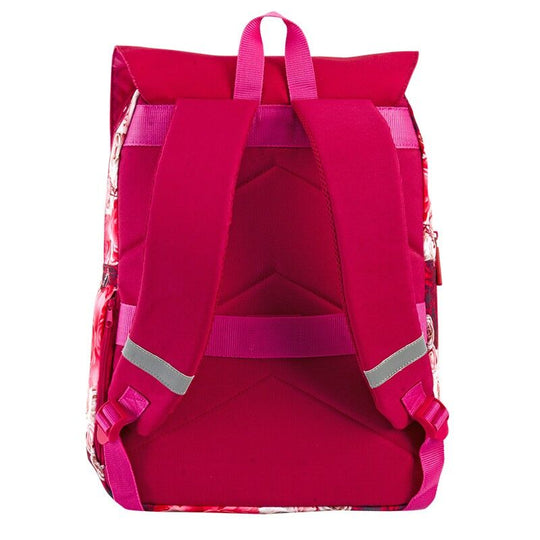 Poche frontale du sac à dos Roses PERONA ouverte avec livres et snacks visibles à l'intérieur