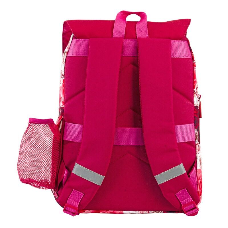Sac à dos Roses PERONA fixé sur une valise à roulettes grâce au système adaptable intégré