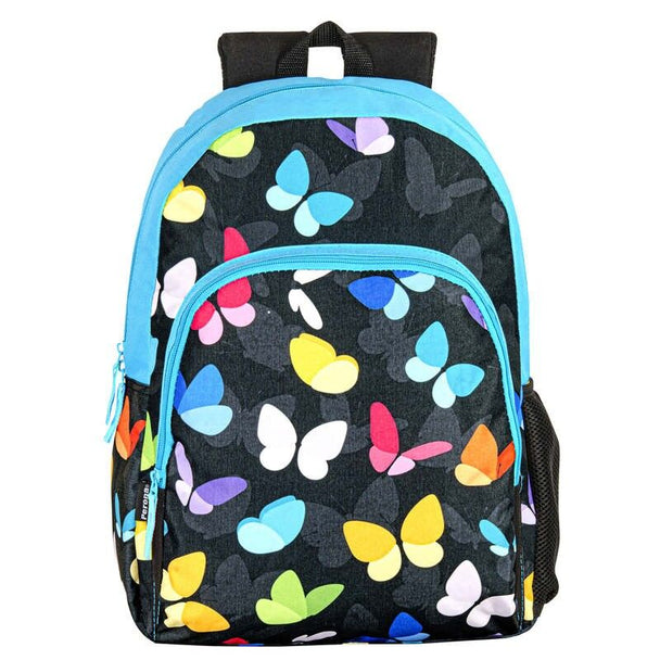 Sac à dos junior PERONA 43 cm avec motif papillons, vue de face montrant le design coloré et les poches frontales.