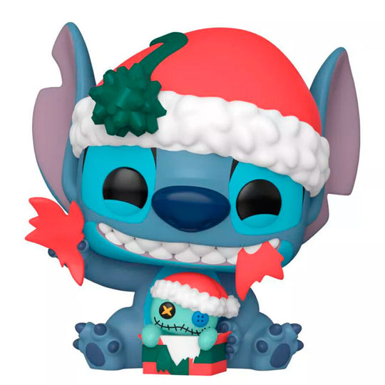 Vue latérale de la figurine Stitch Funko POP en vinyle, montrant les détails du cadeau et la boîte collector Disney Lilo & Stitch