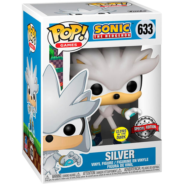 Vue rapprochée de la figurine Funko POP Sonic the Hedgehog Silver exclusive avec détails précis