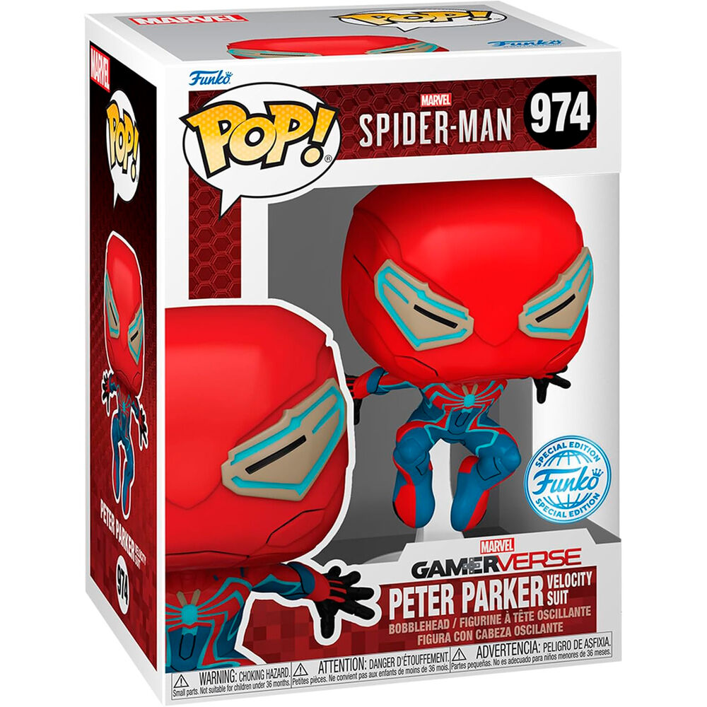 Vue rapprochée de la figurine Funko POP Spider-Man Peter Parker montrant les détails du costume et du visage
