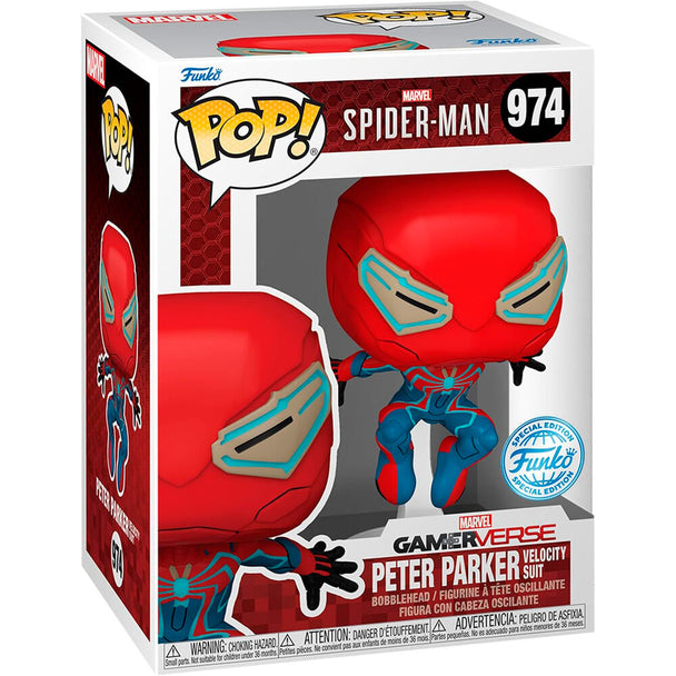Vue rapprochée de la figurine Funko POP Spider-Man Peter Parker montrant les détails du costume et du visage