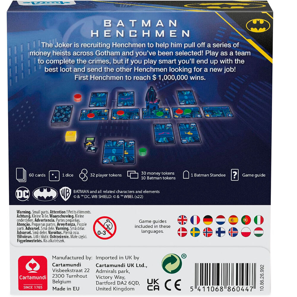 Plateau de jeu Batman DC Comics montrant les zones de braquage et les pions des joueurs