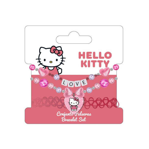 Set de bijoux Hello Kitty CERDÁ avec collier et bracelet sur fond blanc, dimensions 8,9x8,9x2cm