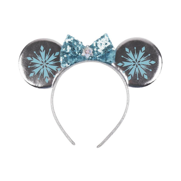 Vue rapprochée du bandeau Disney Frozen montrant les détails colorés et la texture douce