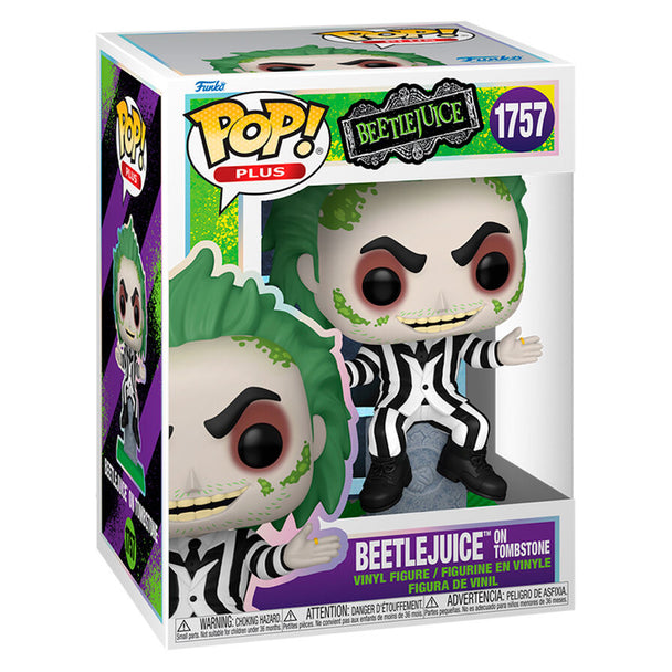 Figurine Funko POP Beetlejuice de 9 cm posée sur une pierre tombale, vue de face avec détails colorés