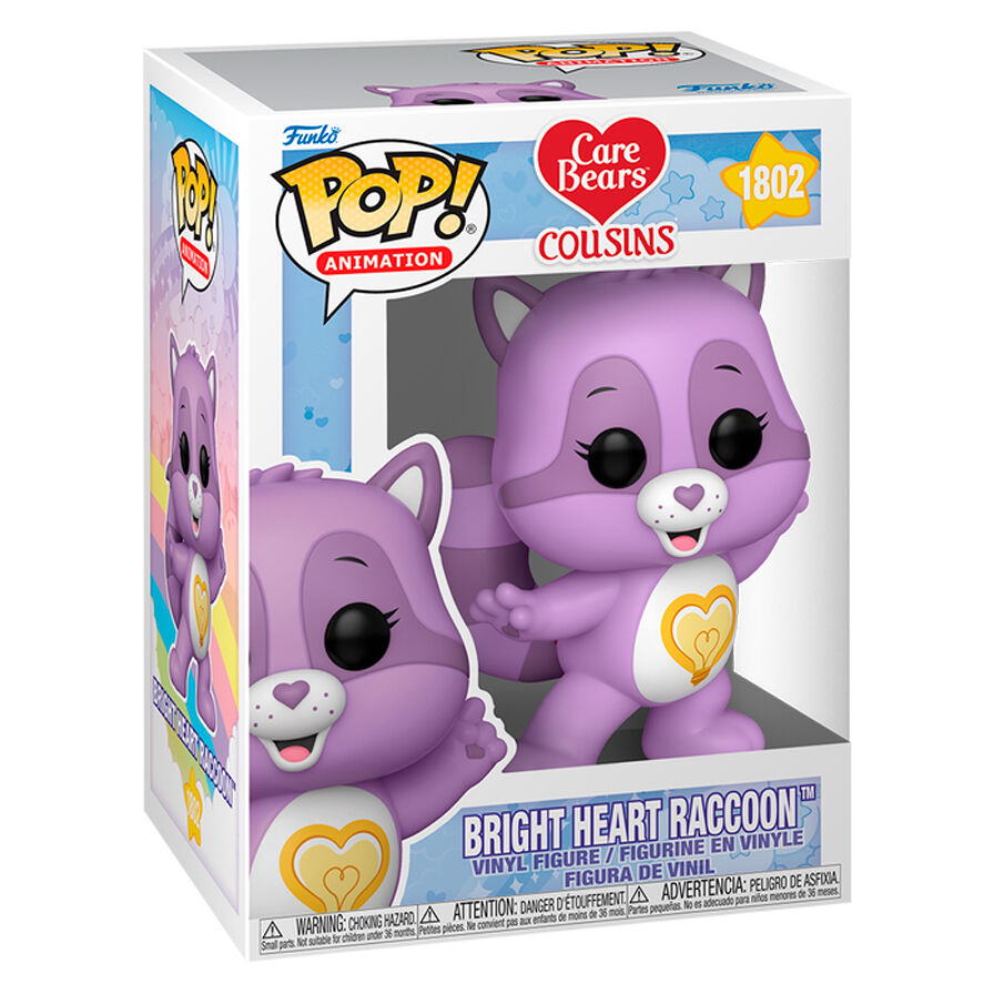 Figurine Funko POP Bright Heart Raccoon Care Bears en vinyl de 9cm avec détails colorés sur boîte cadeau